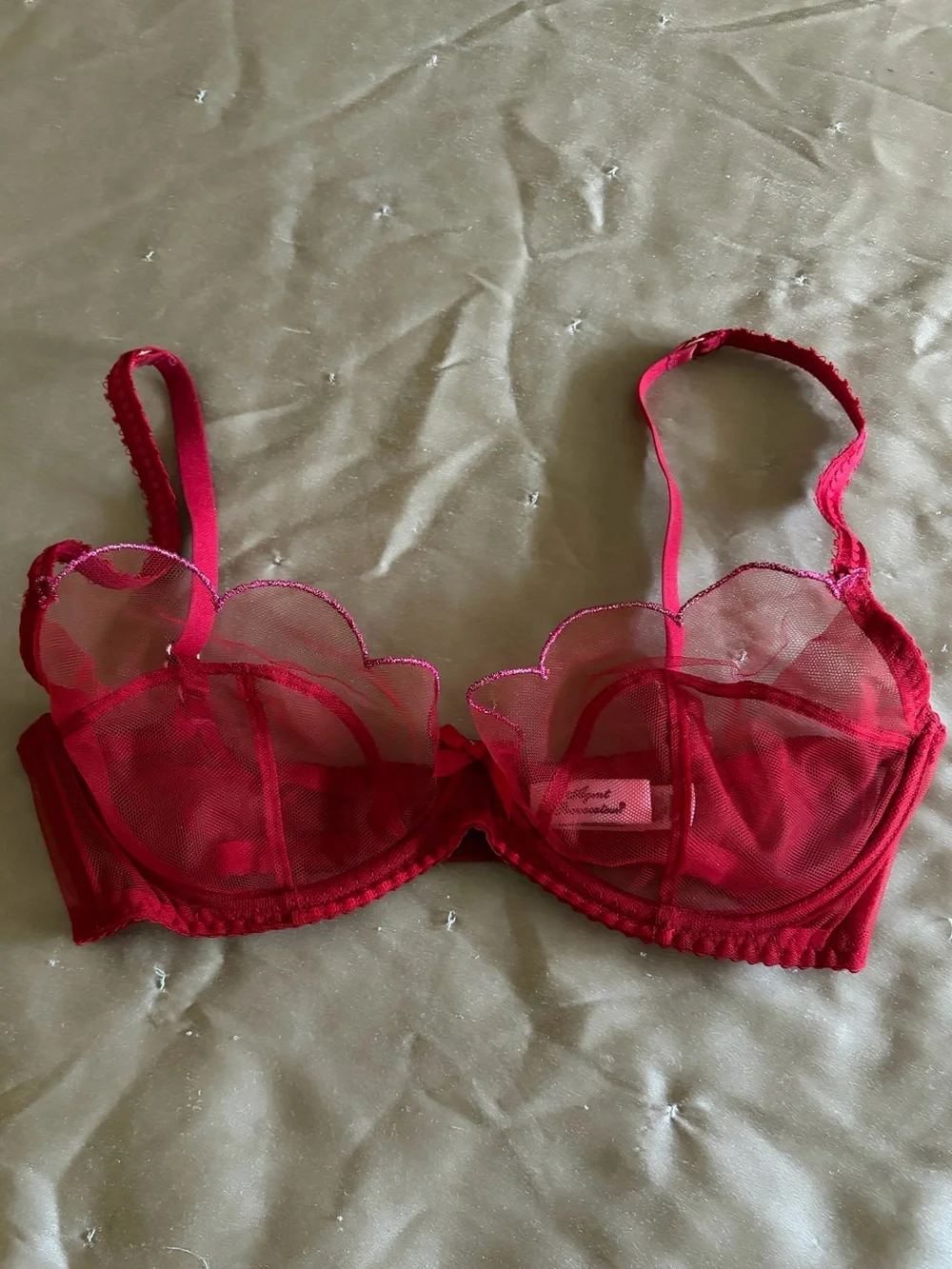 Agent Provocateur ❤️ Sheer Red sparkle Pink 💖 Scalloped Underwire Bra 32 DD / 32